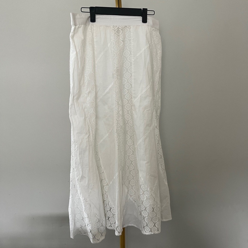 Women's White Lace Cotton Long A-Line Skirt Size L